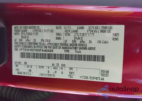 2016 Ford F-150 Lariat from USA, damaged, VIN 1FTEW1EF0GFA42425